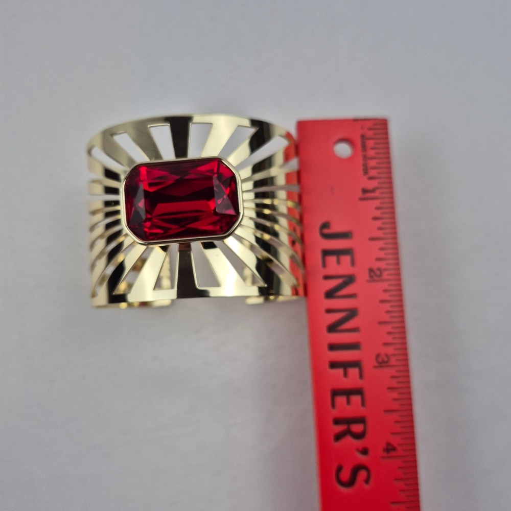 Heidi Daus Sunray Goldtone Octagonal Stone Cuff Bracelet Red Art Deco Style NWOT - Picture 7 of 9